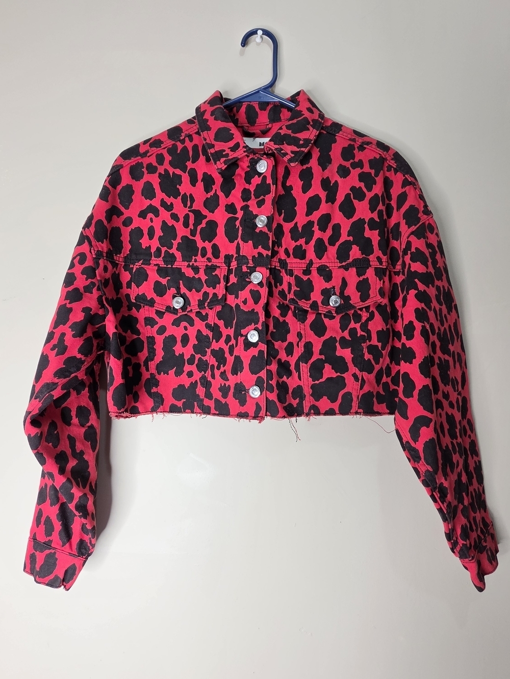 Topshop Moto Red Leopard Cropped Denim Jacket Womens US 4